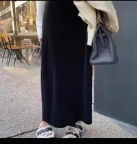 秋冬高腰后开叉丝绒半身长裙显瘦气质直筒款式