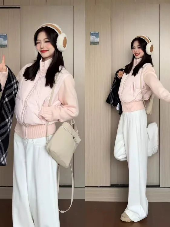 针织拼接棉服女2025年新款冬季韩系甜妹显瘦立领棉衣棉袄学生外套