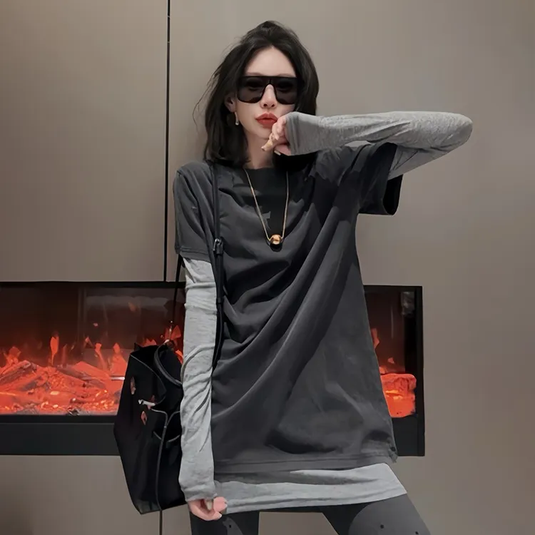 设计感真两件叠穿长袖T恤女2025早春新款韩版洋气水洗做旧打底衫