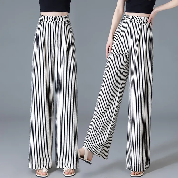 夏季新款竖条纹高腰显瘦垂感直筒冰丝阔腿女裤