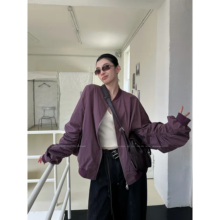JCCC影子【雾霜紫】紫色袖口捏褶廓形长袖棒球服外套JE5BSW12