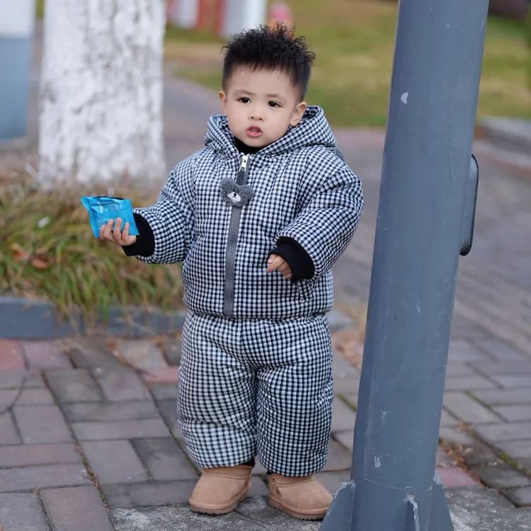 格子小熊三层夹棉加绒家居服套装冬季保暖宝宝卡通省服两件套