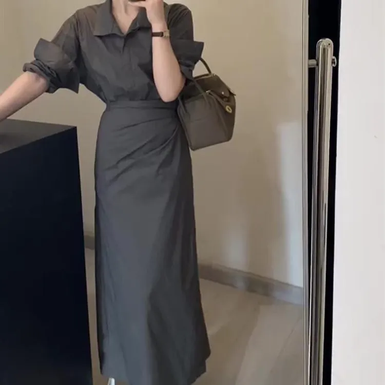 韩版设计感系带V领收腰修身气质显瘦衬衫连衣裙9810