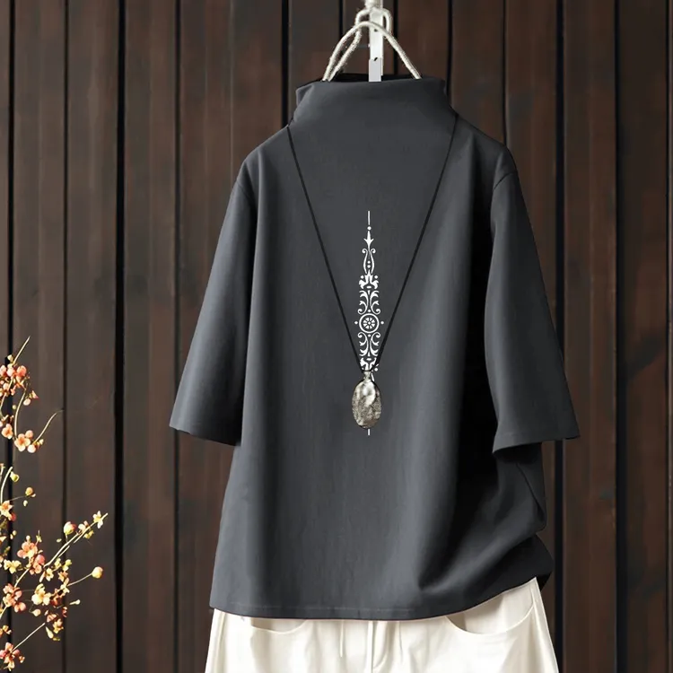 半高领全棉宽松夏季文艺新款体恤五分袖套头印花打底休闲百搭洋气