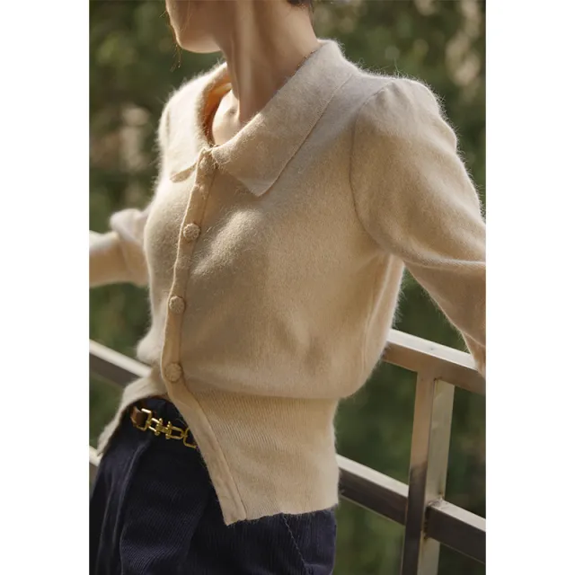 法式复古杏色Polo领针织小开衫气质收腰显瘦短款春秋季毛衣女上衣