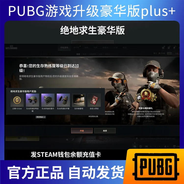 绝地求生升级豪华版激活排位PLUS+竞技模式钱包充值卡1300G币