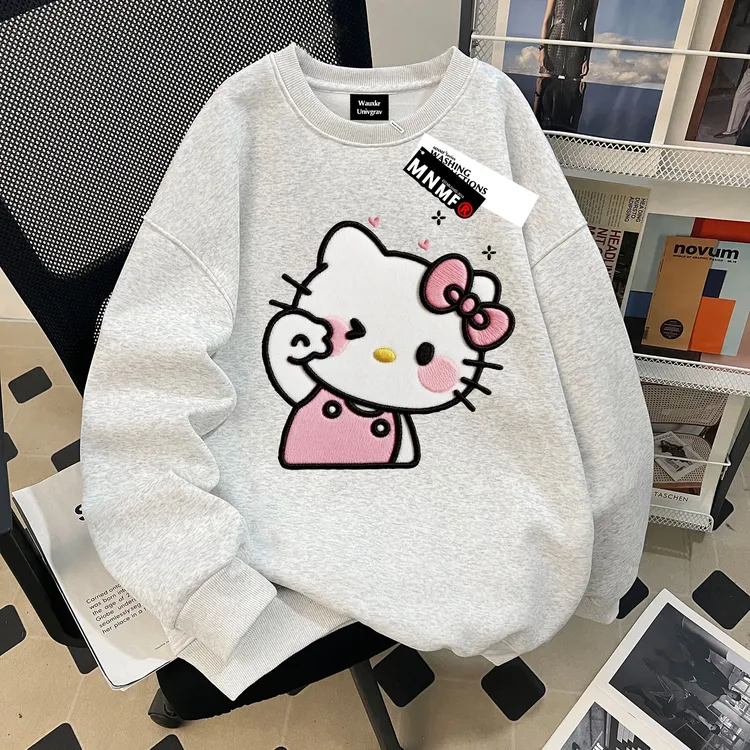 冬季2025新款可爱凯蒂猫印花女童圆领卫衣中大童加绒加厚休闲上衣