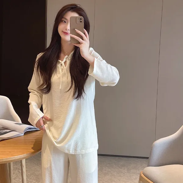 靓妮欣【云朵棉】简约长袖长裤法式睡衣女休闲可外穿春秋家居服慵懒