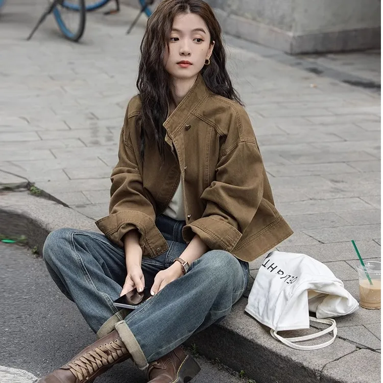 复古咖色牛仔短外套2025早秋新款小众宽松立领工装夹克上衣女2296