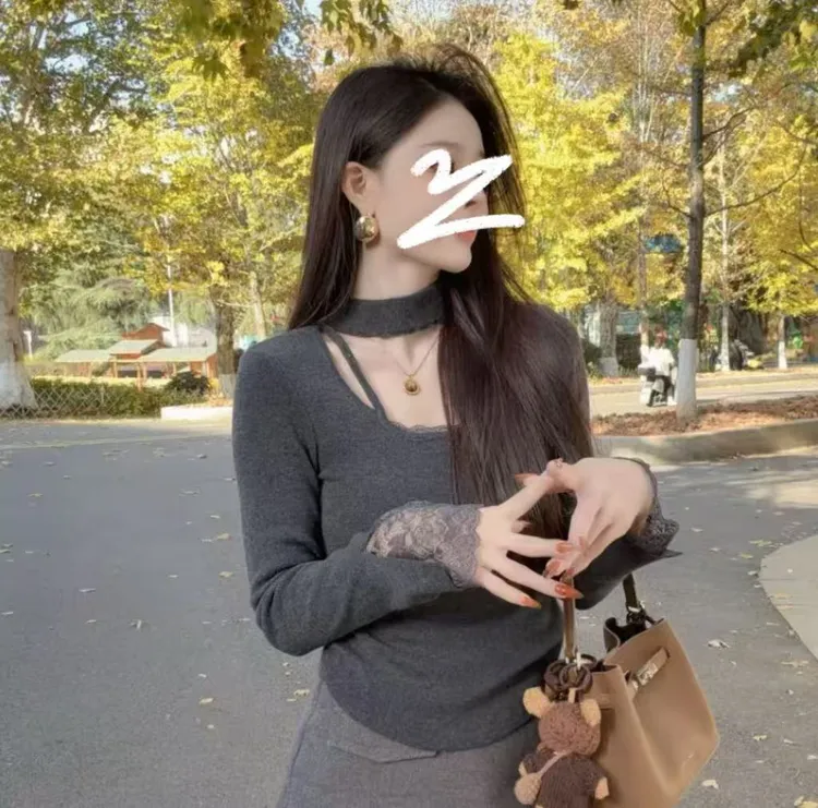 秋冬纯色洋气轻职风女显瘦气质蕾丝拼接修身纯欲圆领长袖打底T恤