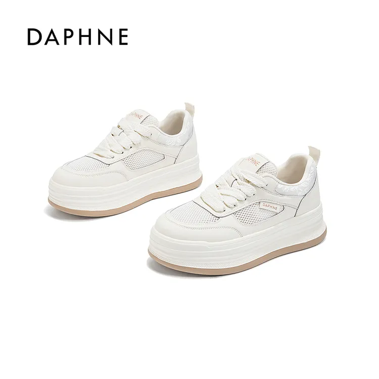 Daphne/达芙妮休闲小白鞋女2025夏季新款网面透气百搭厚底板鞋女