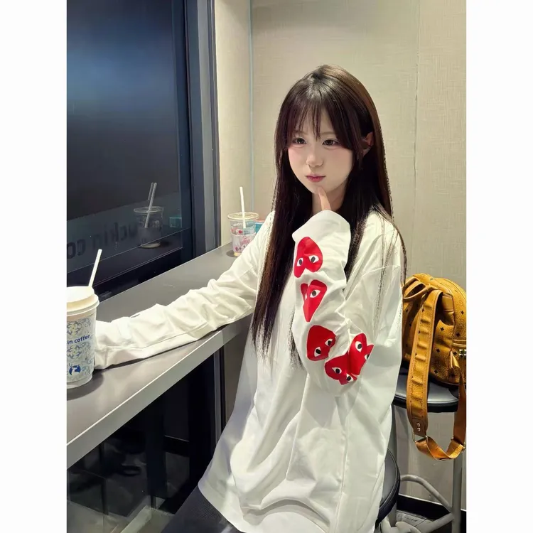 美式高街桃心字母印花长袖t恤女春秋季宽松设计感打底衫百搭上衣