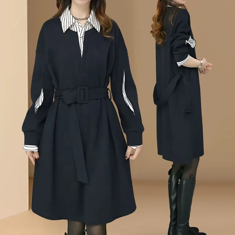 时尚假两件连衣裙女士2025春秋新款宽松条纹衬衣领中长款气质裙子