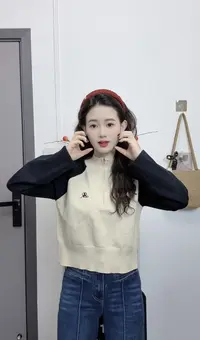 秋冬新款设计感撞色拼接半高领拉链套头毛衣女小个子针织衫