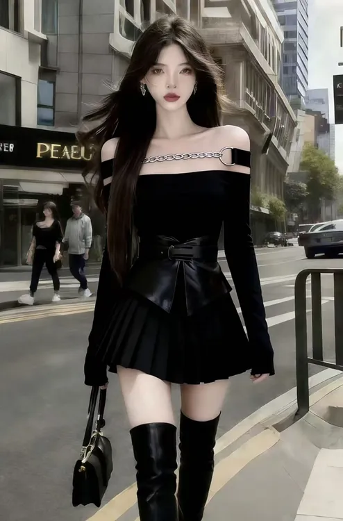 2026春季轻奢通勤风黑色设计感露肩抹胸长袖上衣+黑色百褶裙套装
