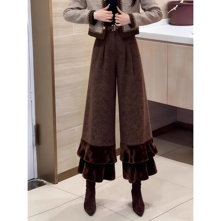 咖色荷叶边拼接毛呢阔腿裤女冬季2025新款宽松显瘦设计感九分裤子