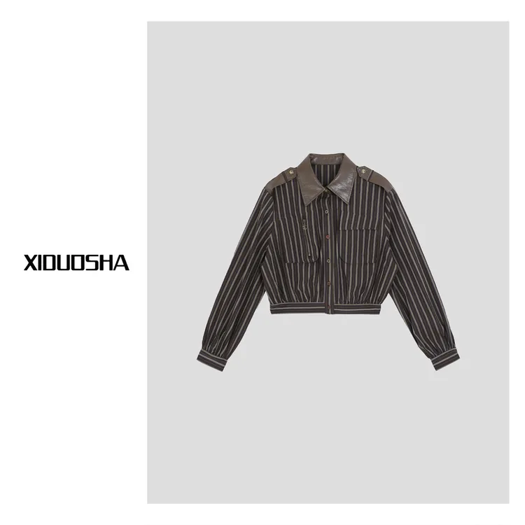 XIDUOSHA/喜朵莎设计款拼皮条纹衬衫 XDS1548