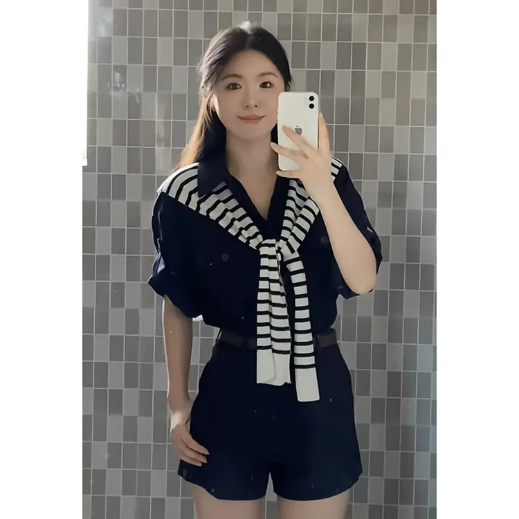 新款慵懒风气质PLOL领时尚单排扣休闲单排扣衬衫短款裤子两件套女
