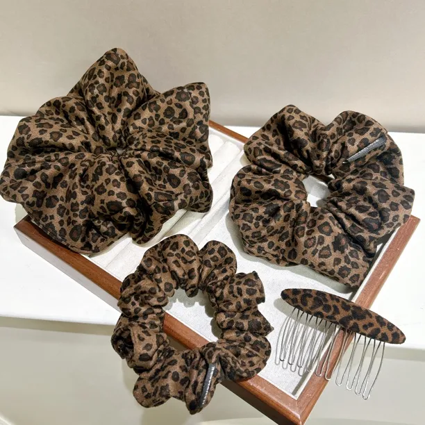 复古豹纹小肠发圈丝绒发绳扎发丸子头绳一字叉梳成人刘海侧边夹