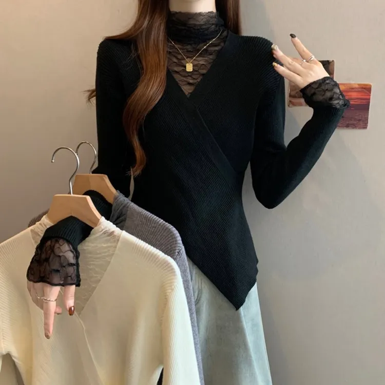 大码胖MM针织衫女秋冬新款蕾丝V领交叉不对称下摆收腰套头毛衣