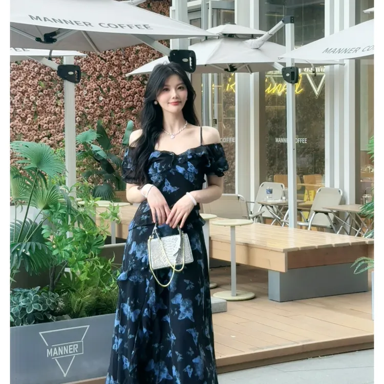 【致爱丽丝】（单独连衣裙）夏季不规则印花蝴蝶碎花掐腰显瘦长裙
