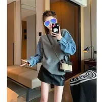 Q秋冬新款慵懒风毛衣设计感假两件上衣女牛仔袖拼接针织衫A104
