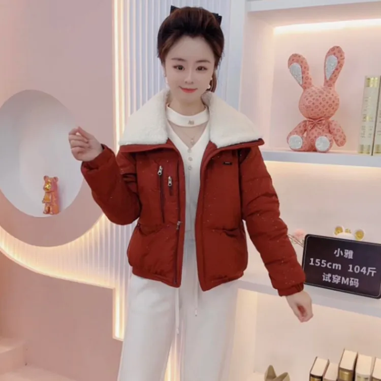 时尚毛翻领加厚棉服女冬季新款洋气小个子短款保暖棉袄外套潮