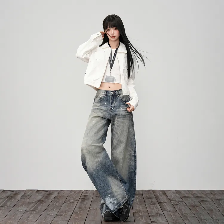 GL 美式复古高街水洗泼墨显高显瘦小弯刀宽松阔腿牛仔裤过年新款