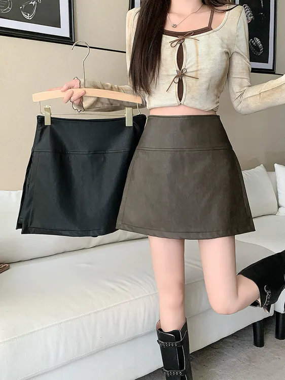 2025大码女装秋冬新款高腰显瘦PU皮裙设计感短款裙裤3791