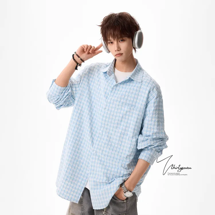 V37多巴胺蓝色泡泡纱格纹衬衫男春季日系cityboy宽松翻领衬衣外套商品图