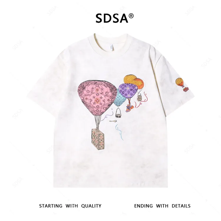 夏季高级感新款男士美式满天星热气球刺绣圆领短袖T恤重工上衣潮