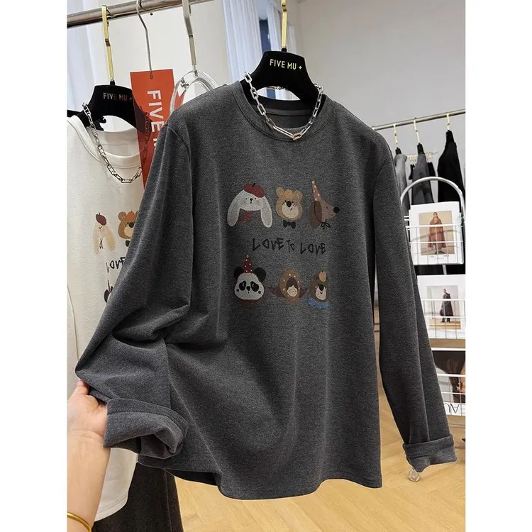 德绒加厚胖MM大码300斤卡通长袖T恤女秋冬季宽松大版保暖舒适上衣