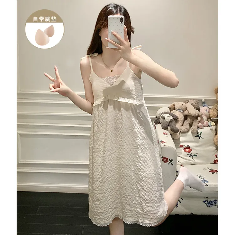甜美小吊带睡裙女大学生睡衣带胸垫夏季薄款中长款睡衣裙家居服
