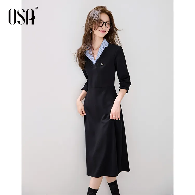 OSA/欧莎 假两件翻领长袖连衣裙女高智风收腰显瘦长裙S125C13008