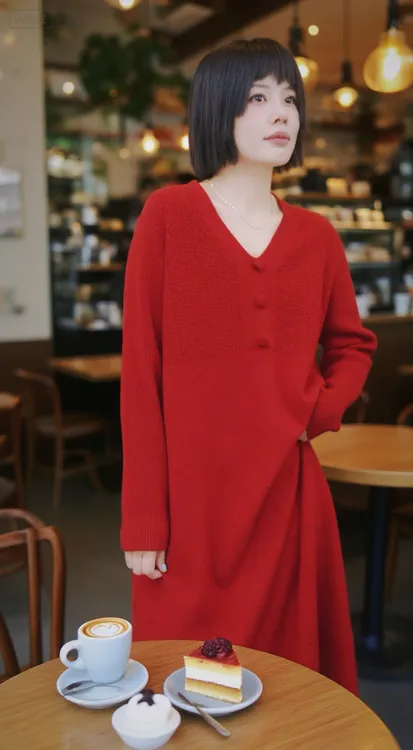 连衣裙轻职风百搭裙子斜襟红色长袖H型裙显瘦纯色