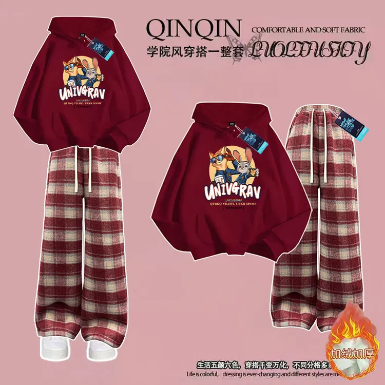 疯狂动物城女童加绒红色连帽卫衣格子裤套装秋冬新款女大童两件套