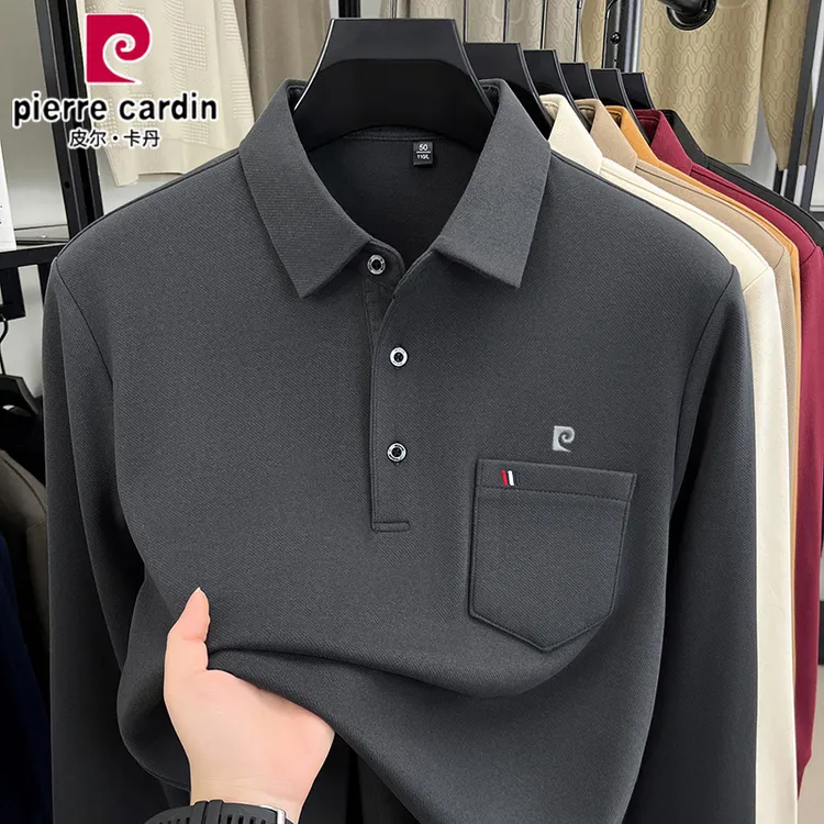皮尔卡丹羊毛t恤男士长袖上衣秋冬季加厚款商务休闲打底polo衫男