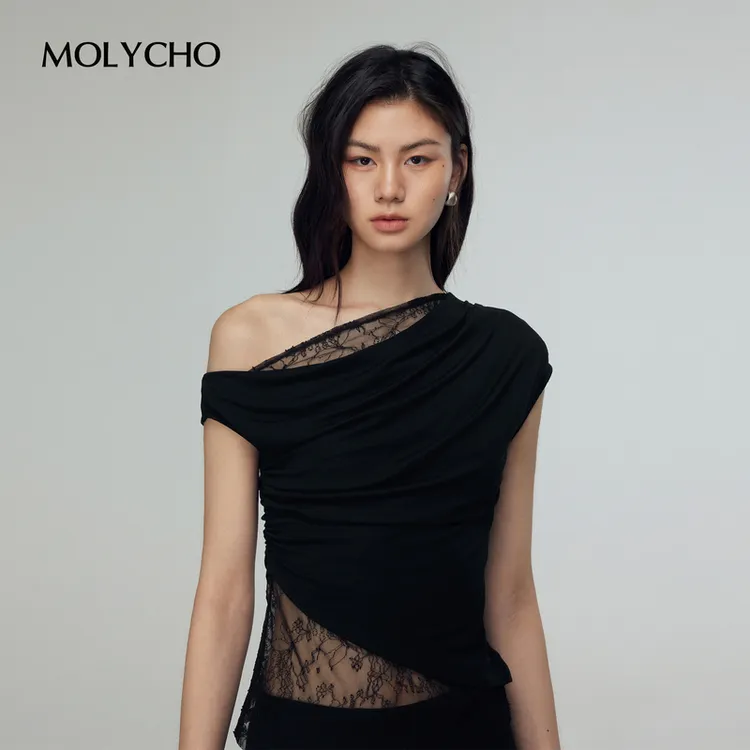 MOLYCHO法式黑色蕾丝斜肩上衣女夏季2025新款打底收腰显瘦短袖T恤