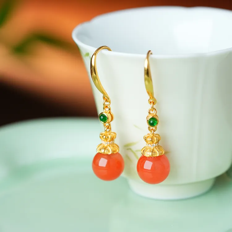 御臻珠宝｜南红｜S925银｜南红圆珠耳坠女款银镶气质简约耳饰