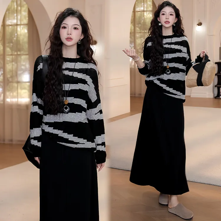 休闲高级感条纹撞色套装女2025年秋冬新款减龄针织衫半身裙两件套