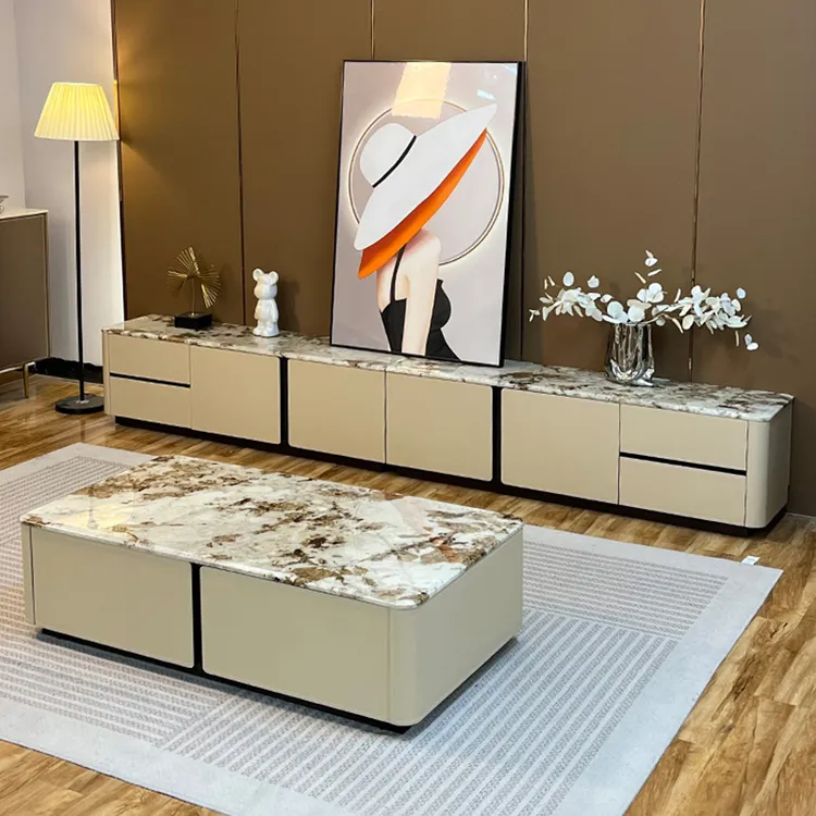 马鞍皮实木大理石落地电视柜茶几天然奢石现代简约别墅高档地柜