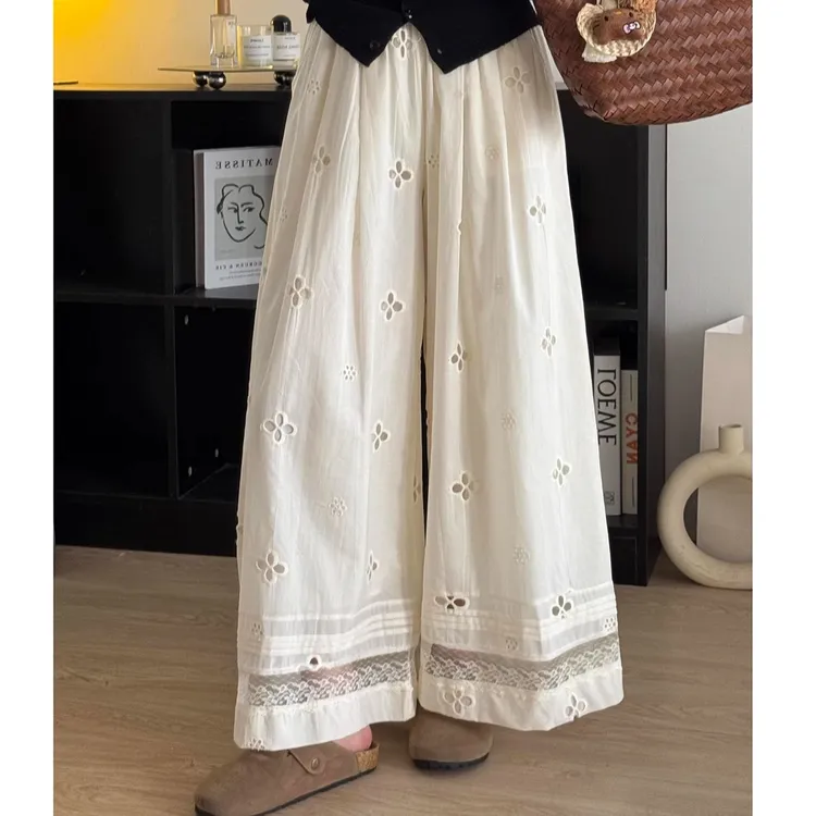 蕾丝钩花休闲阔腿裤女夏季薄款大码胖mm宽松显瘦镂空松紧腰直筒裤