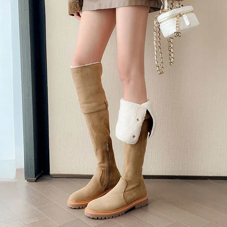 过膝长筒靴女冬季平底长靴保暖加绒羊羔毛毛雪地靴加宽大码35-43
