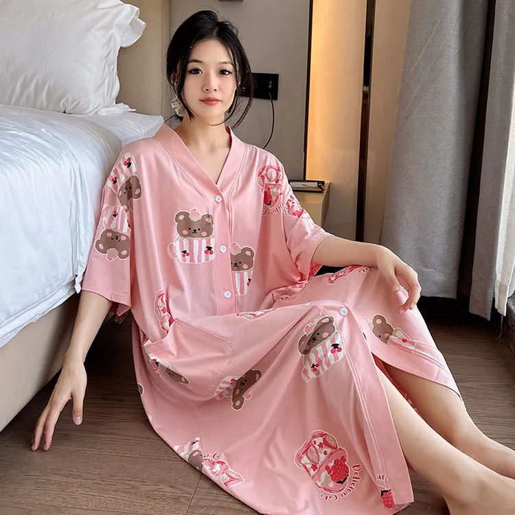 春夏大码睡裙卡通印花开衫中长款家居休闲裙胖mm200-300斤连衣裙
