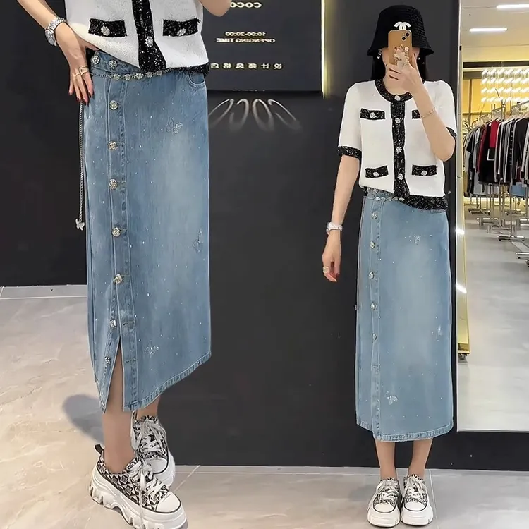 烫钻牛仔半身裙女2025年夏季新款高腰中长设计感开叉包臀a字裙子