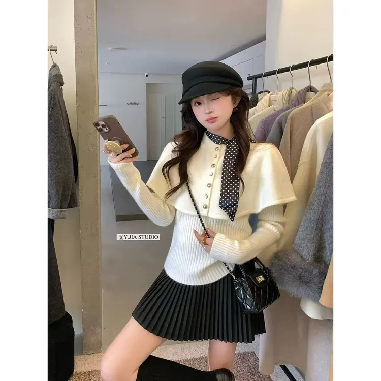韩系千金感斗篷+毛衣两件套（配波点飘带）-9907