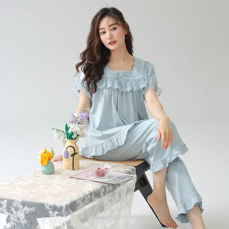 套头女睡衣夏季新款薄款纯棉短袖女士网红夏天大码宽松家居服套装