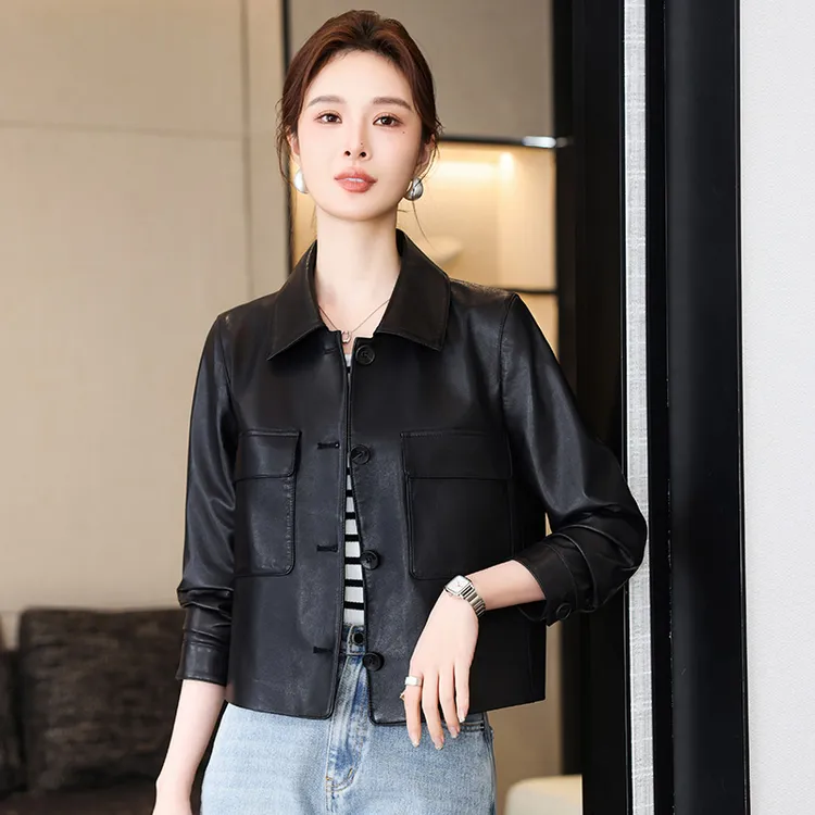 真皮皮衣女2025春秋季新款休闲宽松海宁头层绵羊皮夹克外套短款