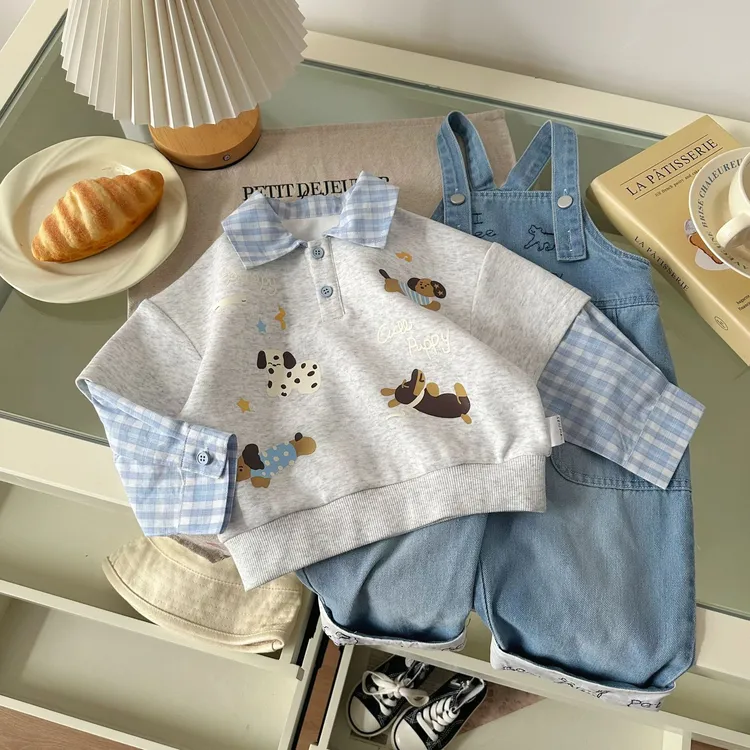 CY257285男童春季POLO领假两件卫衣小狗印花长袖韩版棉质柔软处理