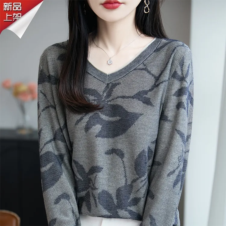 哥弟阿玛施正品秋季V领长袖针织衫女时尚印花薄款套头羊毛衫上衣